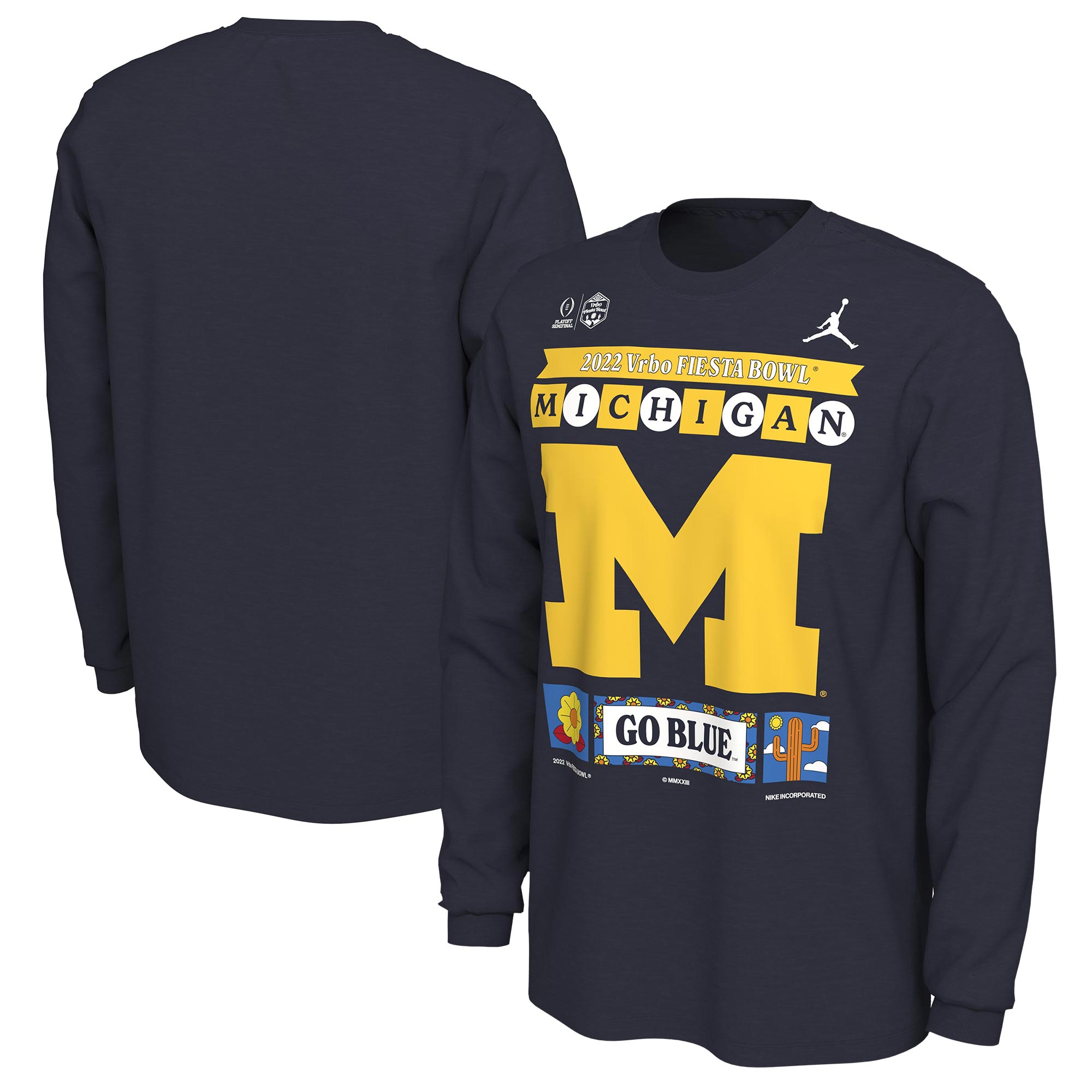 Men's Jordan Brand Navy Michigan Wolverines College Football Playoff 2022 Fiesta Bowl Illustrated Long Sleeve T-Shirt