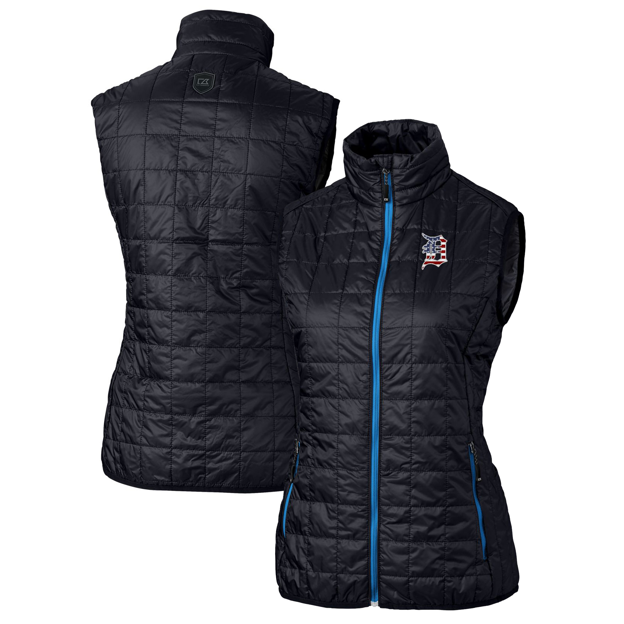 Women's Cutter & Buck Navy Detroit Tigers Americana Logo Rainier PrimaLoft Womens Eco Insulated Full-Zip Puffer Vest