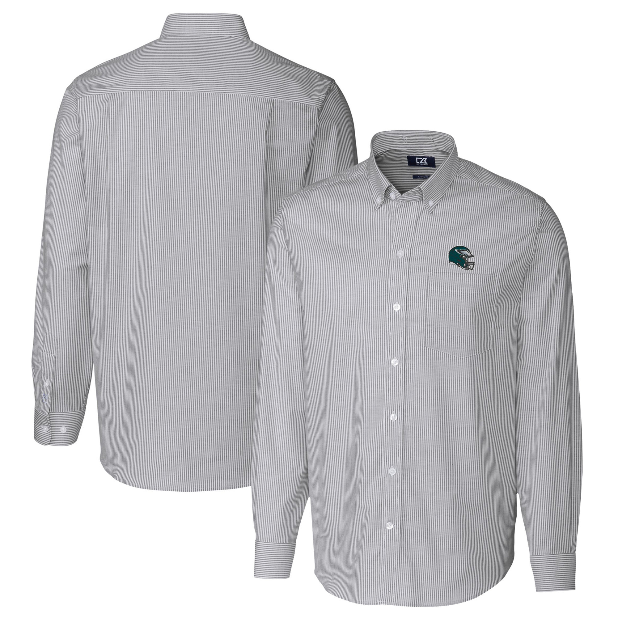 Men's Cutter & Buck Charcoal Philadelphia Eagles Helmet Stretch Oxford Stripe Long Sleeve Button-Down Shirt