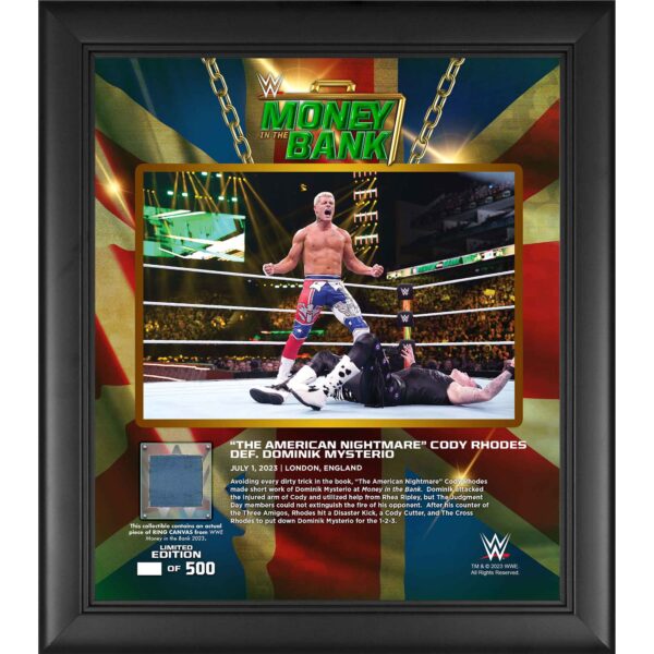 Cody Rhodes WWE Framed 15" x 17" 2023 Money In The Bank Collage with a Piece of Match-Used Canvas - Limited Edition of 500