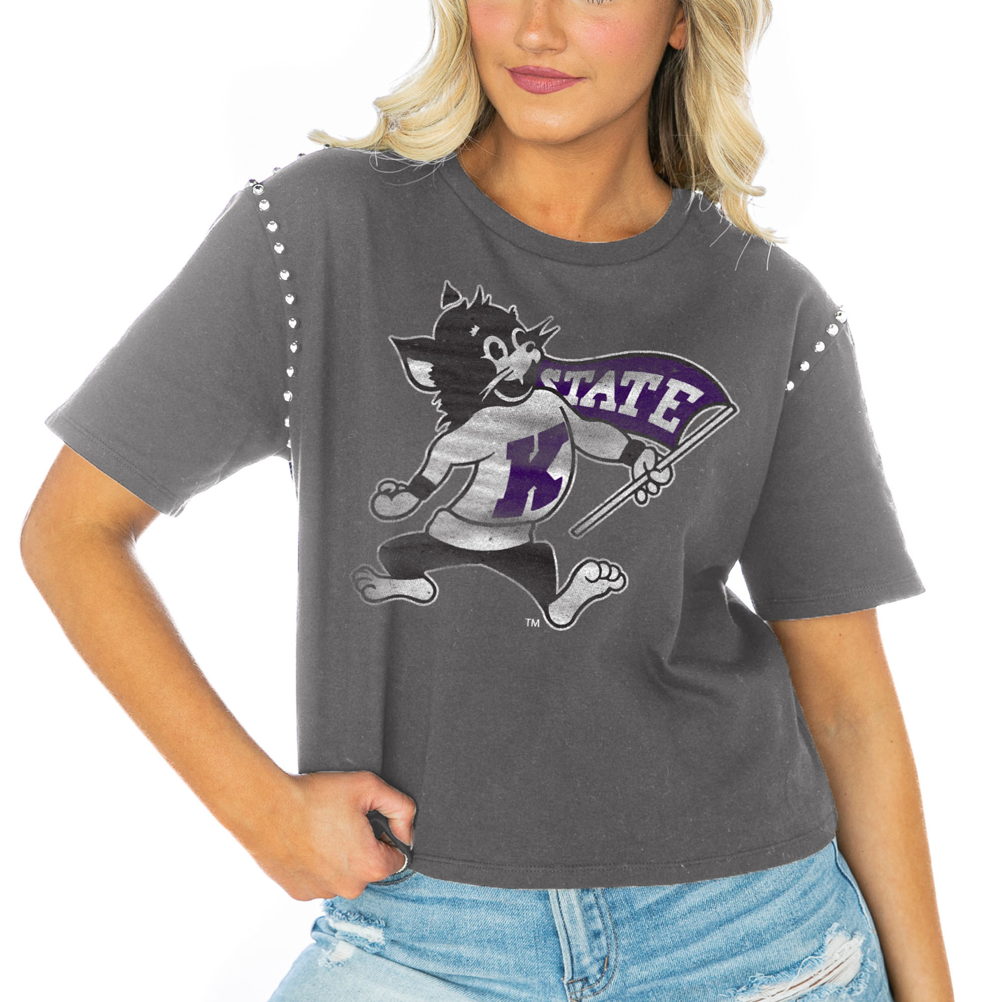 Women's Gameday Couture Gray Kansas State Wildcats Galore Studded Sleeve Crop Top