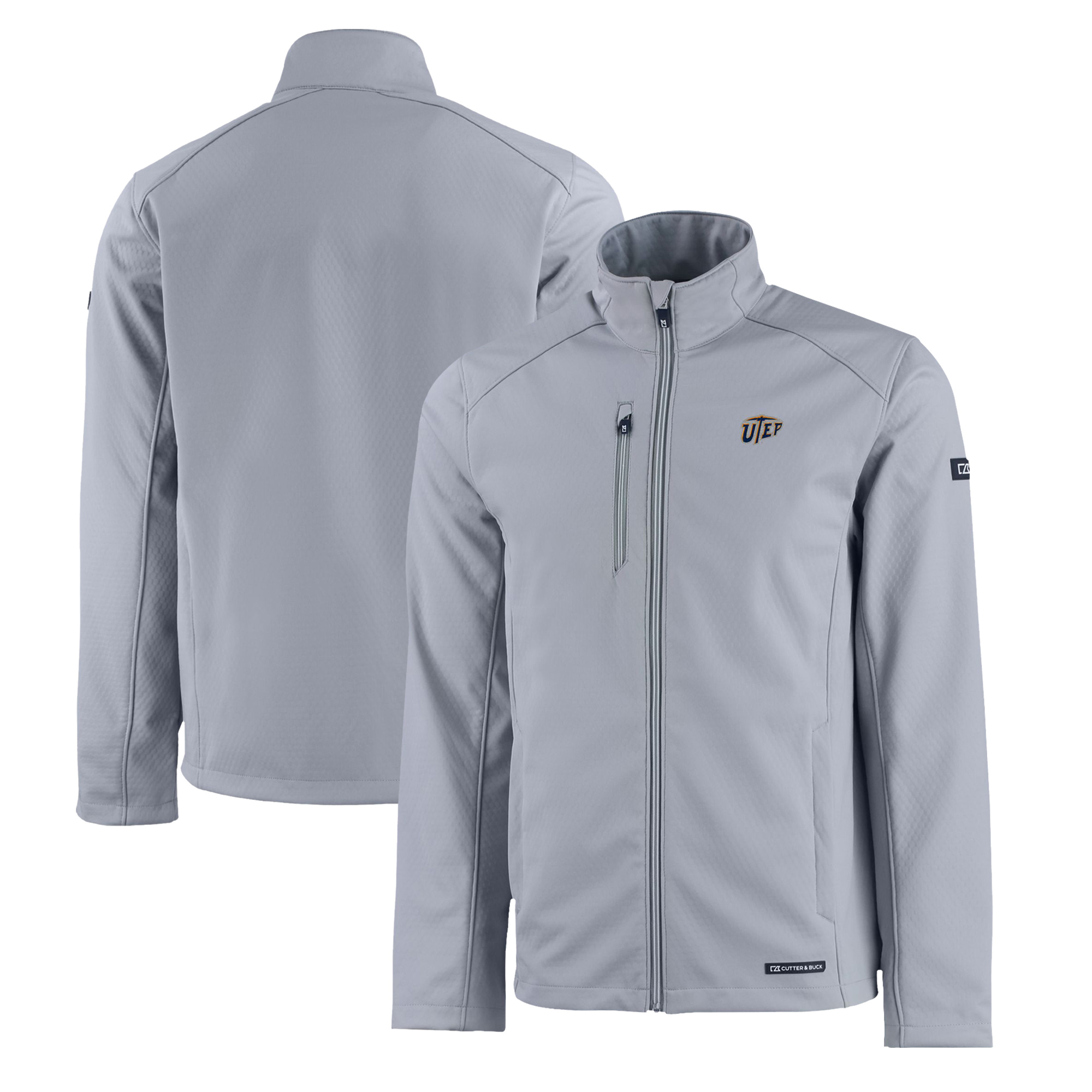 Men's Cutter & Buck Gray UTEP Miners Evoke Eco Softshell Recycled Full-Zip Jacket