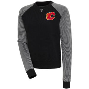 Women's Antigua  Black/White Calgary Flames Flier Bunker Pullover Sweatshirt