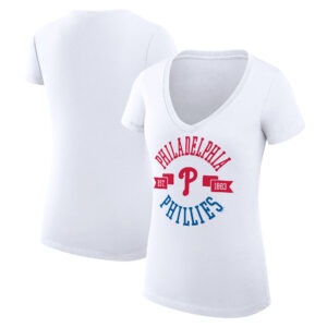 Women's G-III 4Her by Carl Banks White Philadelphia Phillies City Graphic V-Neck Fitted T-Shirt