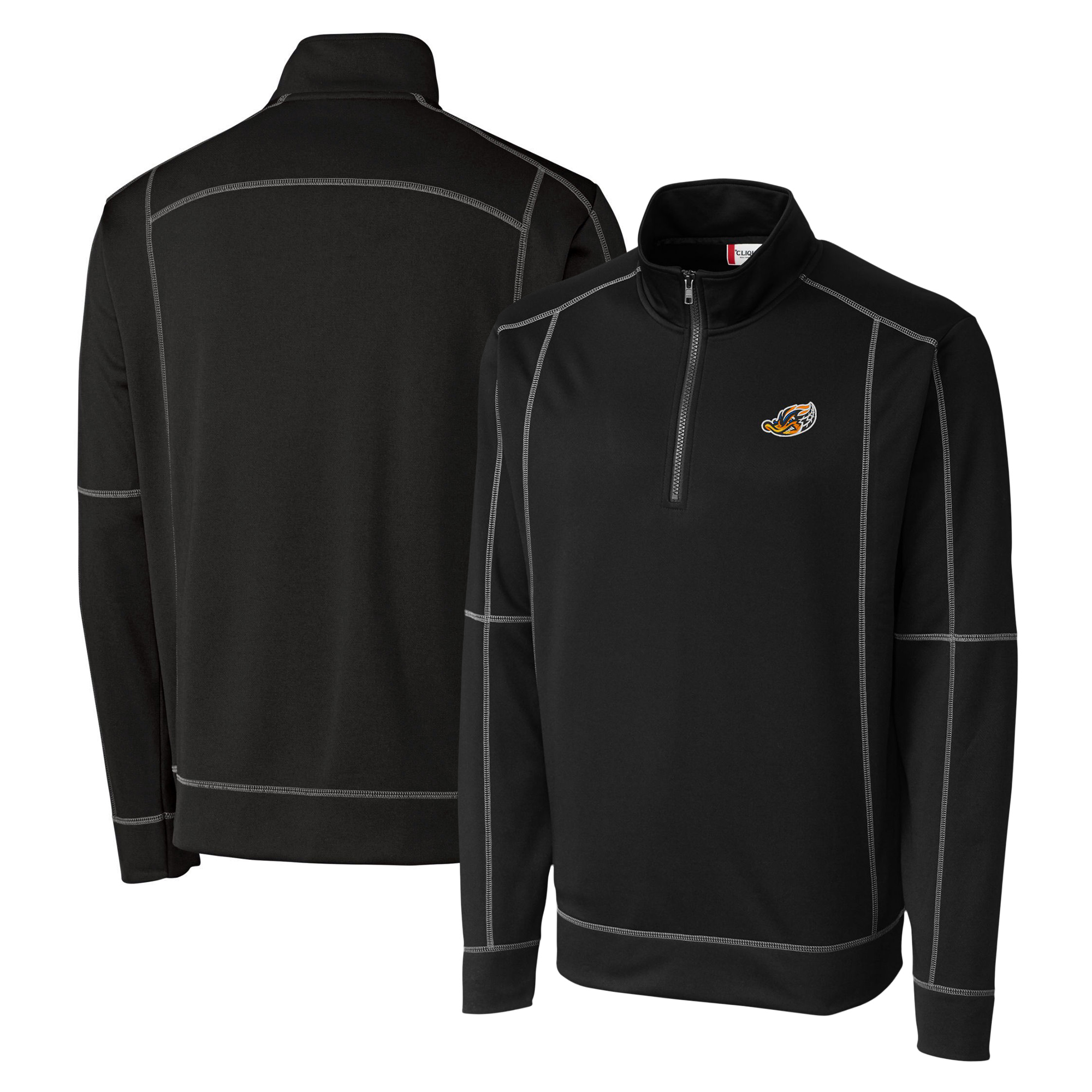 Men's Cutter & Buck Black Akron RubberDucks Clique Helsa Performance Half-Zip Knit Pullover