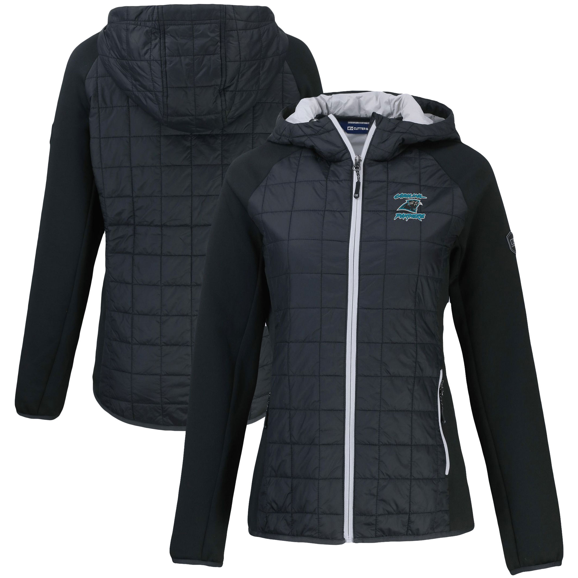 Women's Cutter & Buck Black Carolina Panthers Throwback Logo Rainier PrimaLoft Eco Full-Zip Hybrid Jacket
