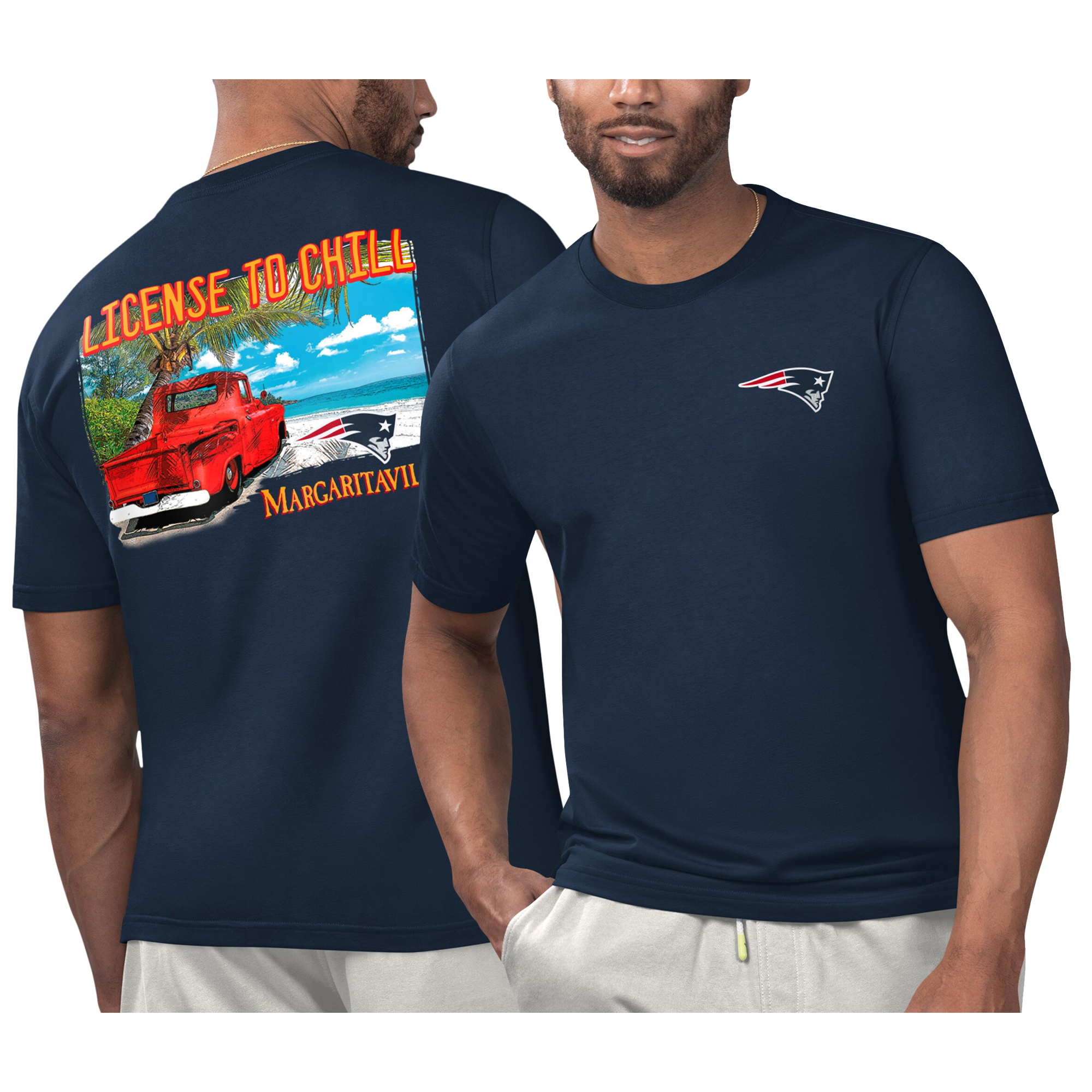 Men's Margaritaville Navy New England Patriots Licensed to Chill T-Shirt - Image 2