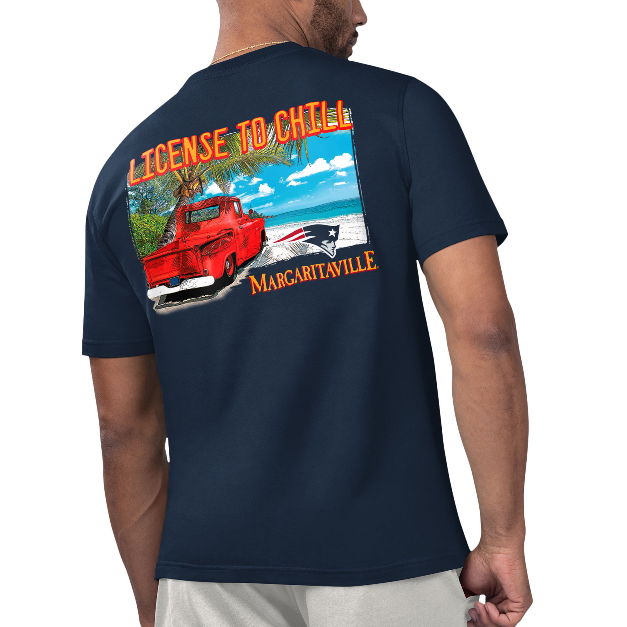 Men's Margaritaville Navy New England Patriots Licensed to Chill T-Shirt - Image 7