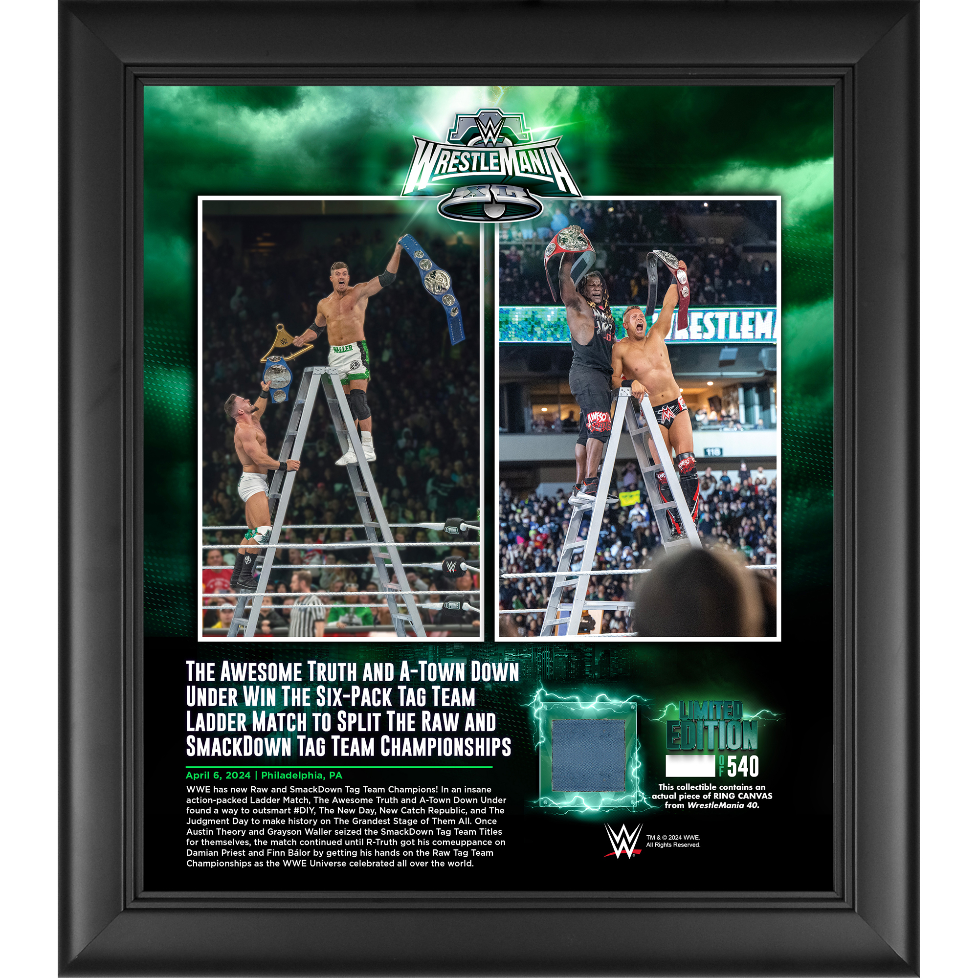 A-Town Down Under & Awesome Truth WWE Framed 15" x 17" WrestleMania 40 Night 1 Collage with a Piece of Match-Used Canvas - Limited Edition of 540