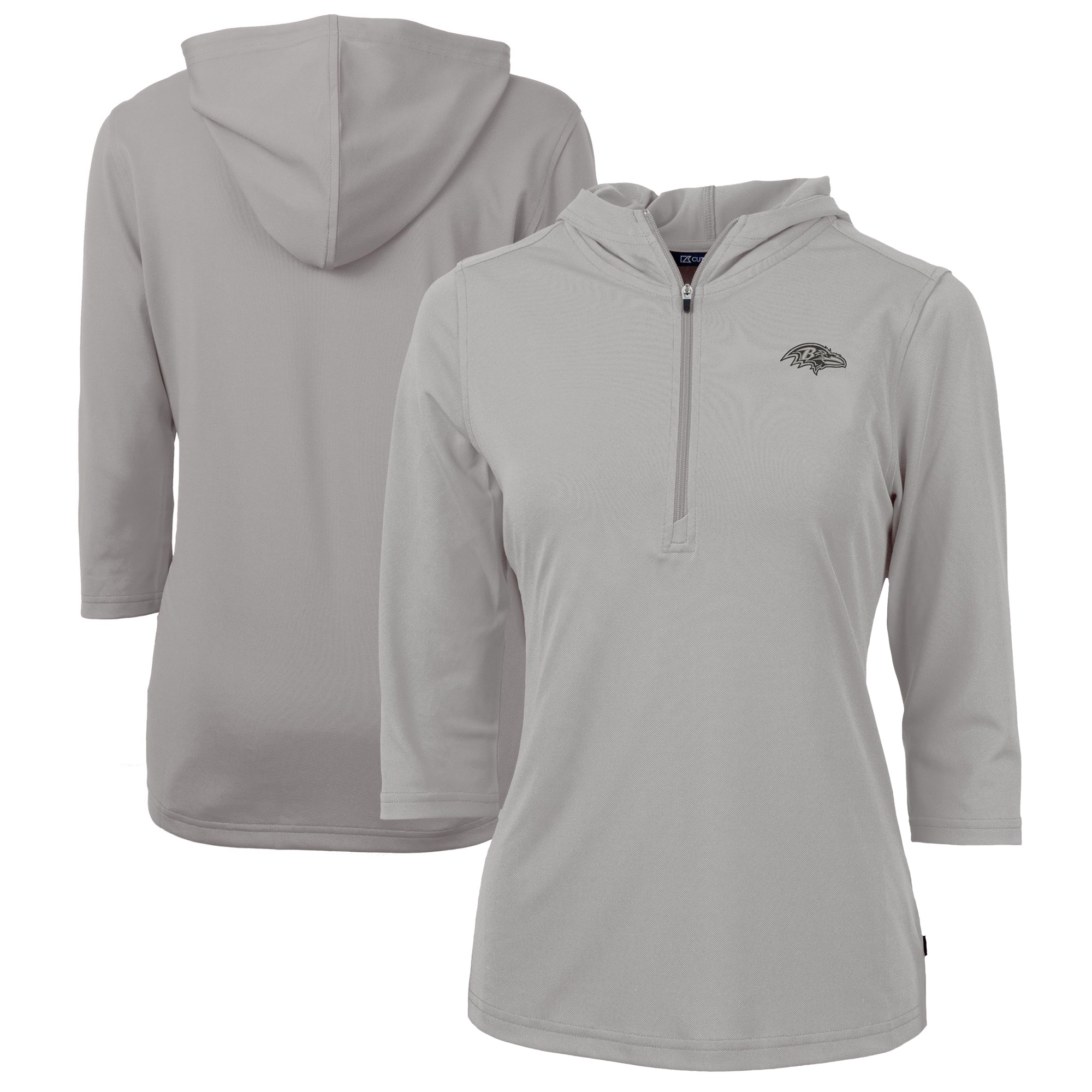 Women's Cutter & Buck Gray Baltimore Ravens Virtue Eco Pique Recycled Dry Tec 3/4-Sleeve Half-Zip Hoodie