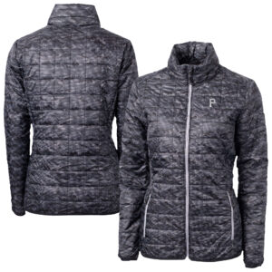 Women's Cutter & Buck Black Pittsburgh Pirates Rainier PrimaLoft Eco Insulated Full-Zip Printed Puffer Jacket