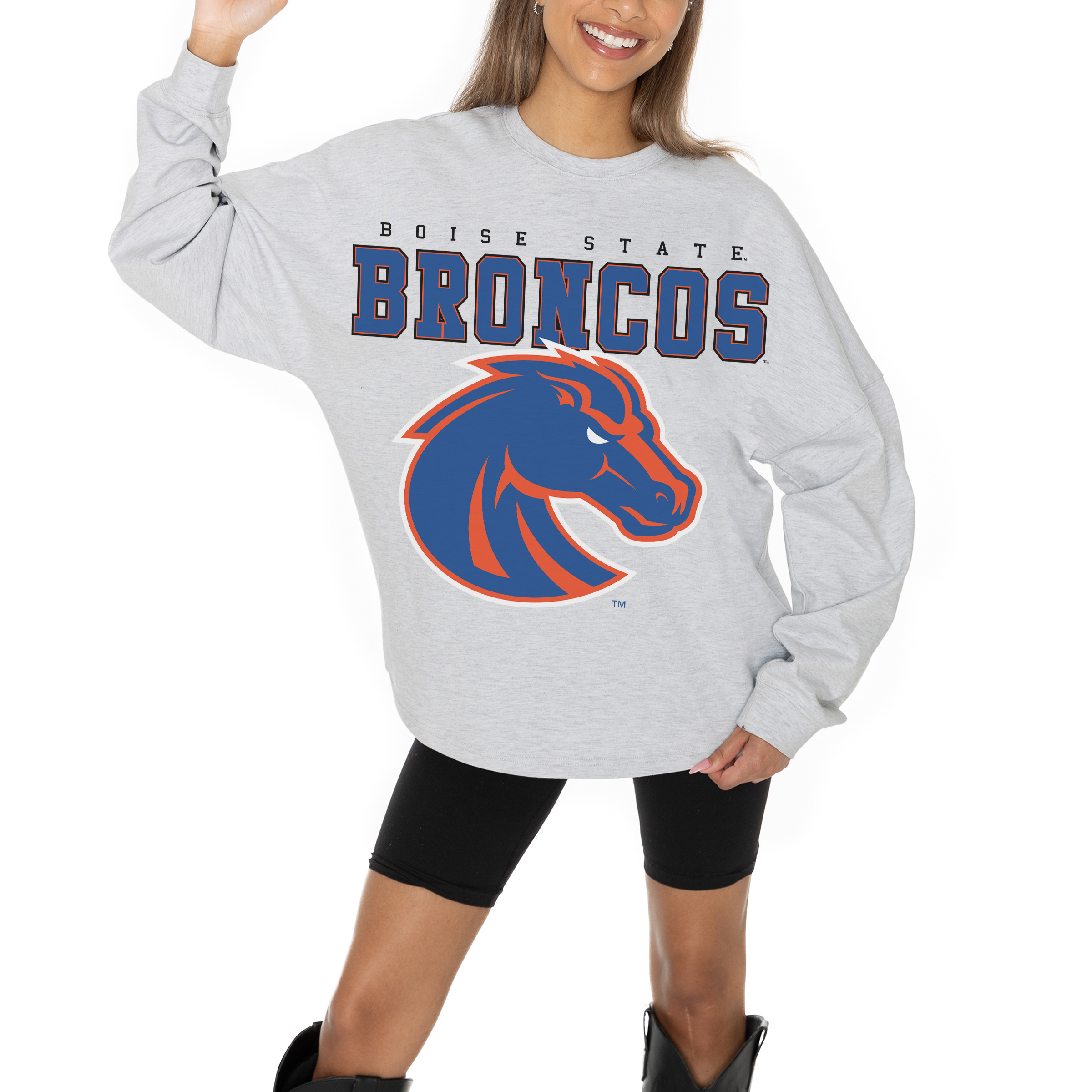 Women's Gameday Couture Ash Boise State Broncos Big Goals Relaxed Fit French Terry Pullover Sweatshirt - Image 8