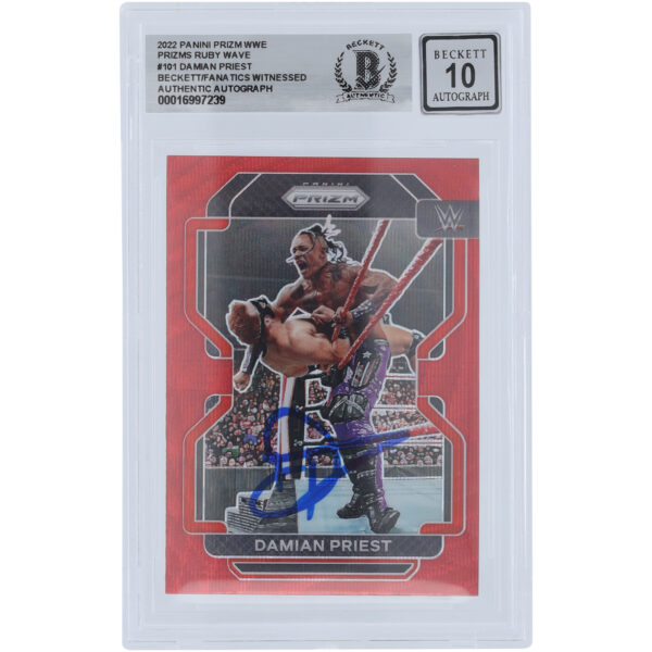 Damian Priest WWE Autographed 2022 Panini Prizm Ruby Wave Prizm #101 Beckett Fanatics Witnessed Authenticated 10 Card