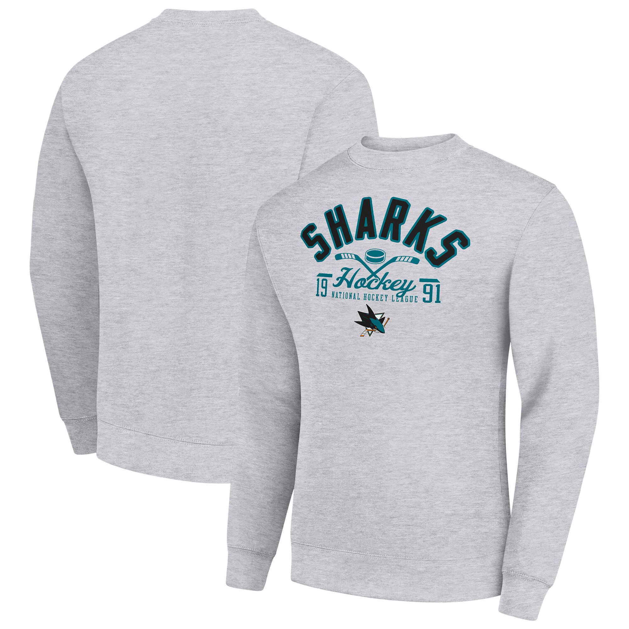 Men's Starter Heather Gray San Jose Sharks Stick And Puck Logo Fleece Pullover Sweatshirt