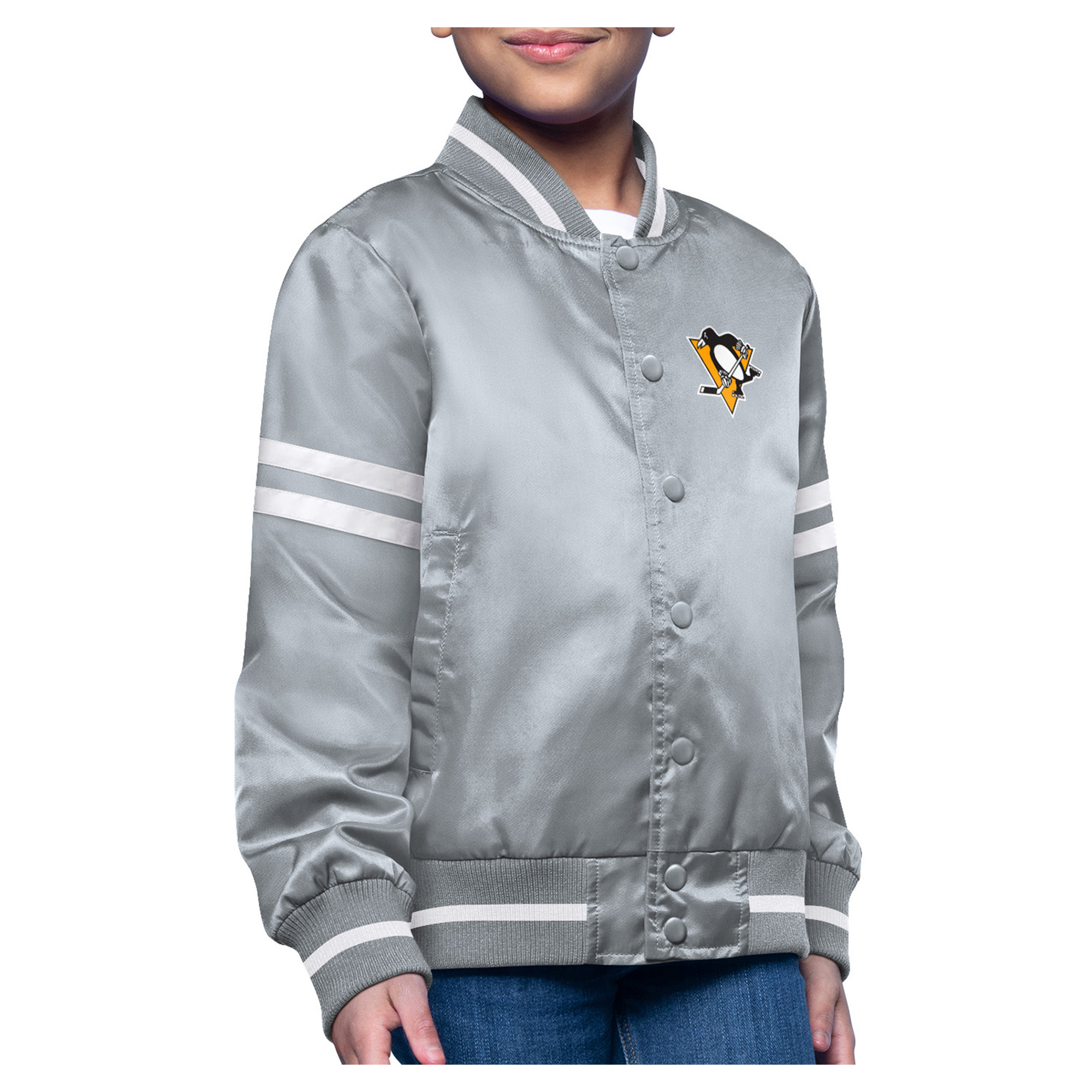 Youth Starter Gray Pittsburgh Penguins Printed Logo Satin Varsity Full-Snap Jacket