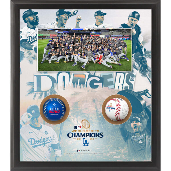 Los Angeles Dodgers 2024 World Series Champions Framed Championship Season Baseball Shadowbox with Blue 50/50 Milestone Baseball and a 2024 World Series Champions Facsimile Signature Replica Baseball