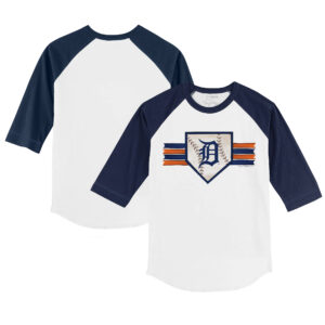 Infant Tiny Turnip White/Navy Detroit Tigers Base Stripe Raglan 3/4 Sleeve T-Shirt