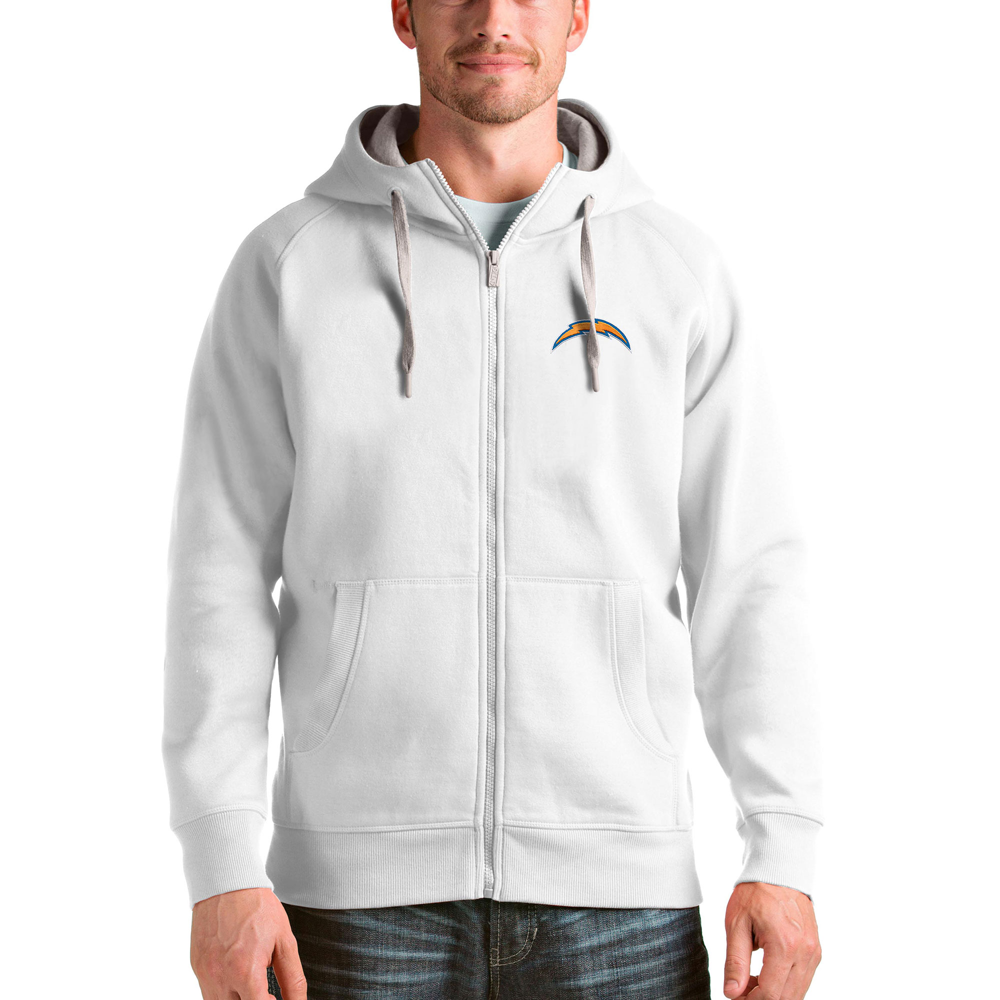 Men's Antigua White Los Angeles Chargers Wordmark Victory Full-Zip Hoodie