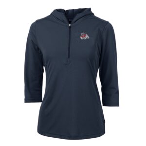Women's Cutter & Buck Navy Fresno State Bulldogs Virtue Eco Pique Half-Zip 3/4 Sleeve Pullover Hoodie