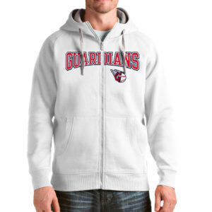 Men's Antigua White Cleveland Guardians Wordmark Victory Full-Zip Hoodie