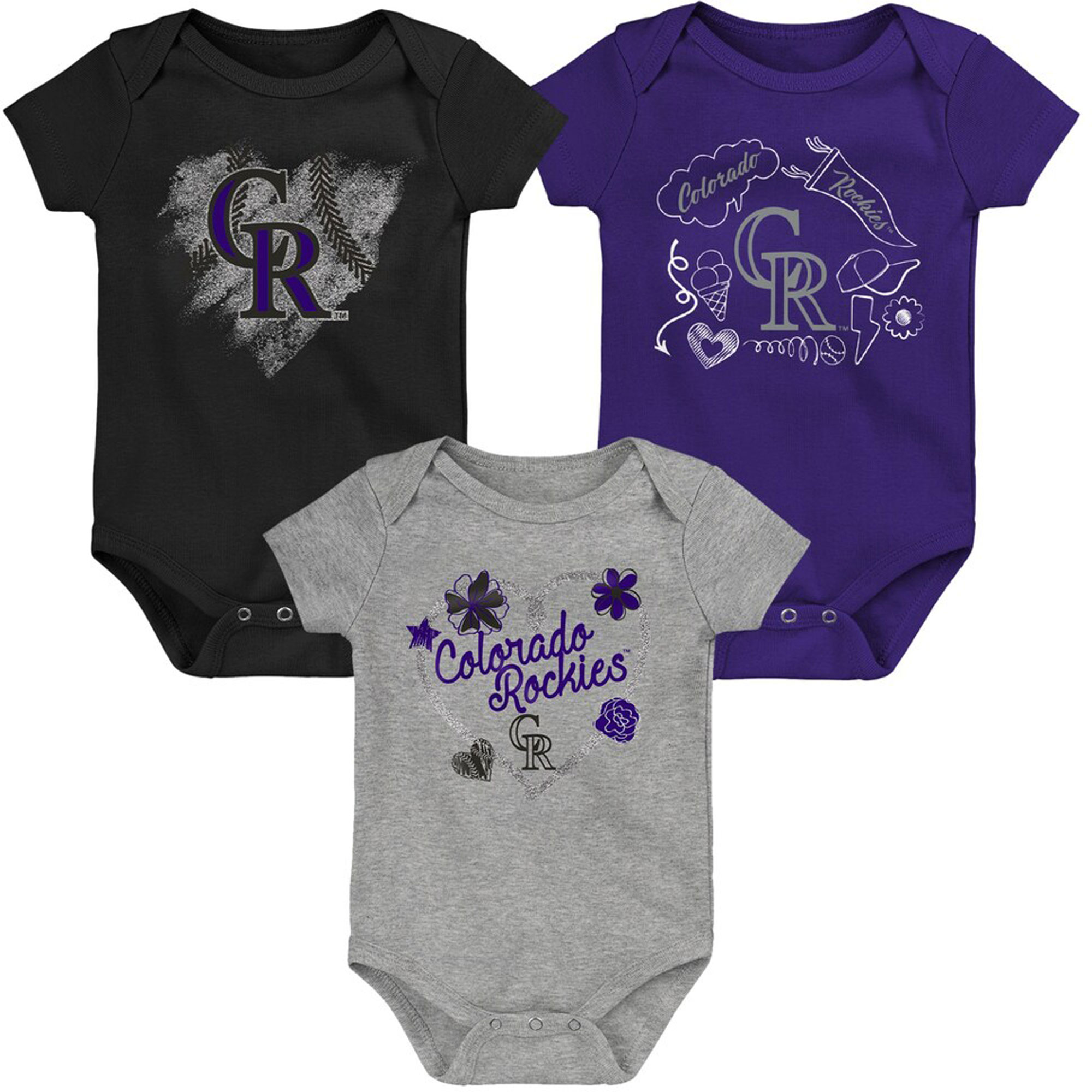 Girls Newborn & Infant Black/Purple/Heathered Gray Colorado Rockies 3-Pack Batter Up Bodysuit Set - Image 4