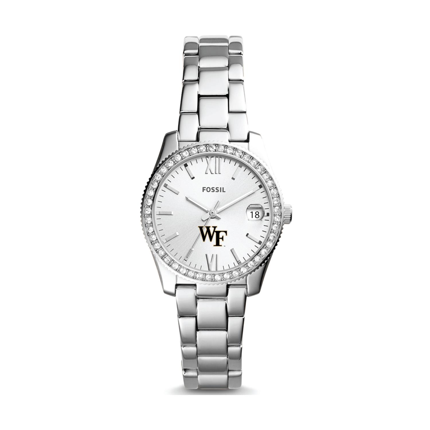 Women's Fossil Silver Wake Forest Demon Deacons Scarlette Mini Three-Hand Date Watch
