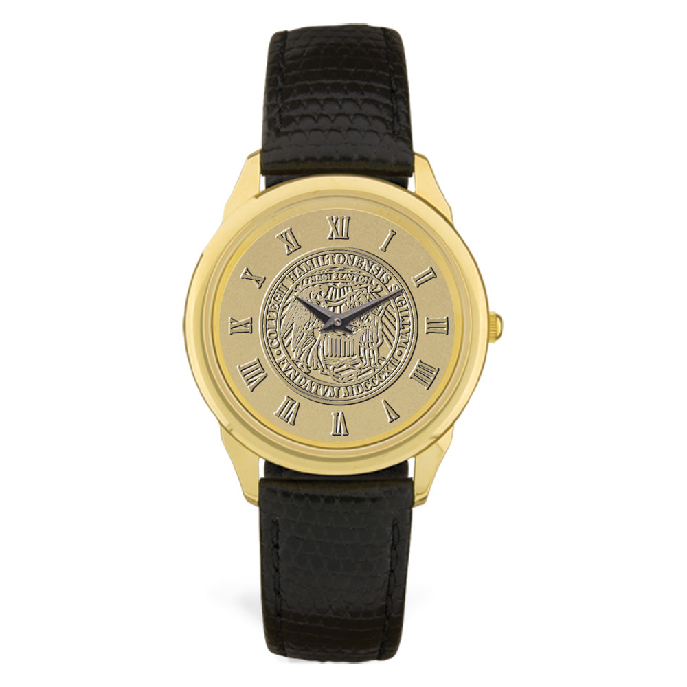 Gold Hamilton Continentals Personalized Medallion Black Leather Wristwatch