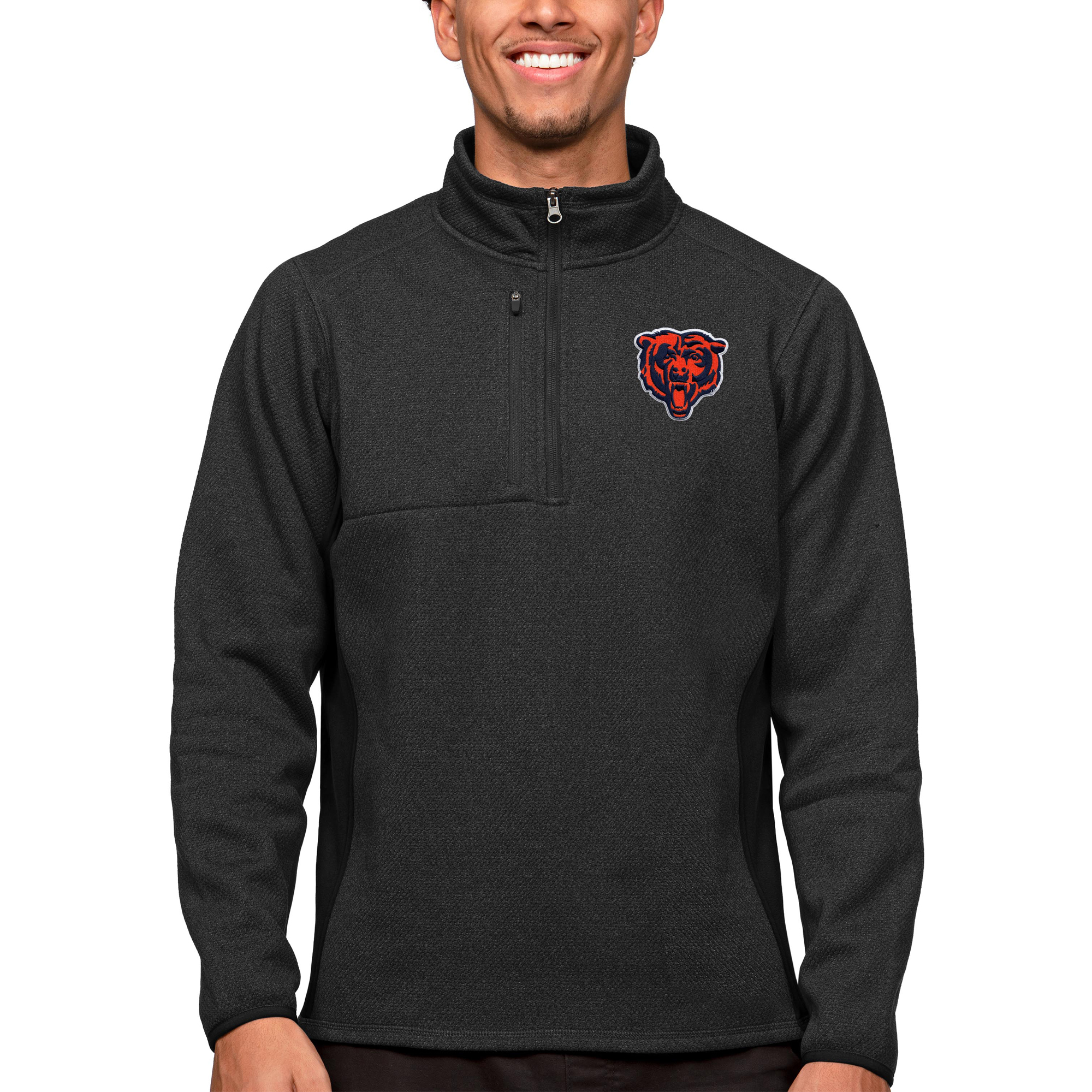 Men's Antigua Heathered Black Chicago Bears Course Quarter-Zip Pullover Top