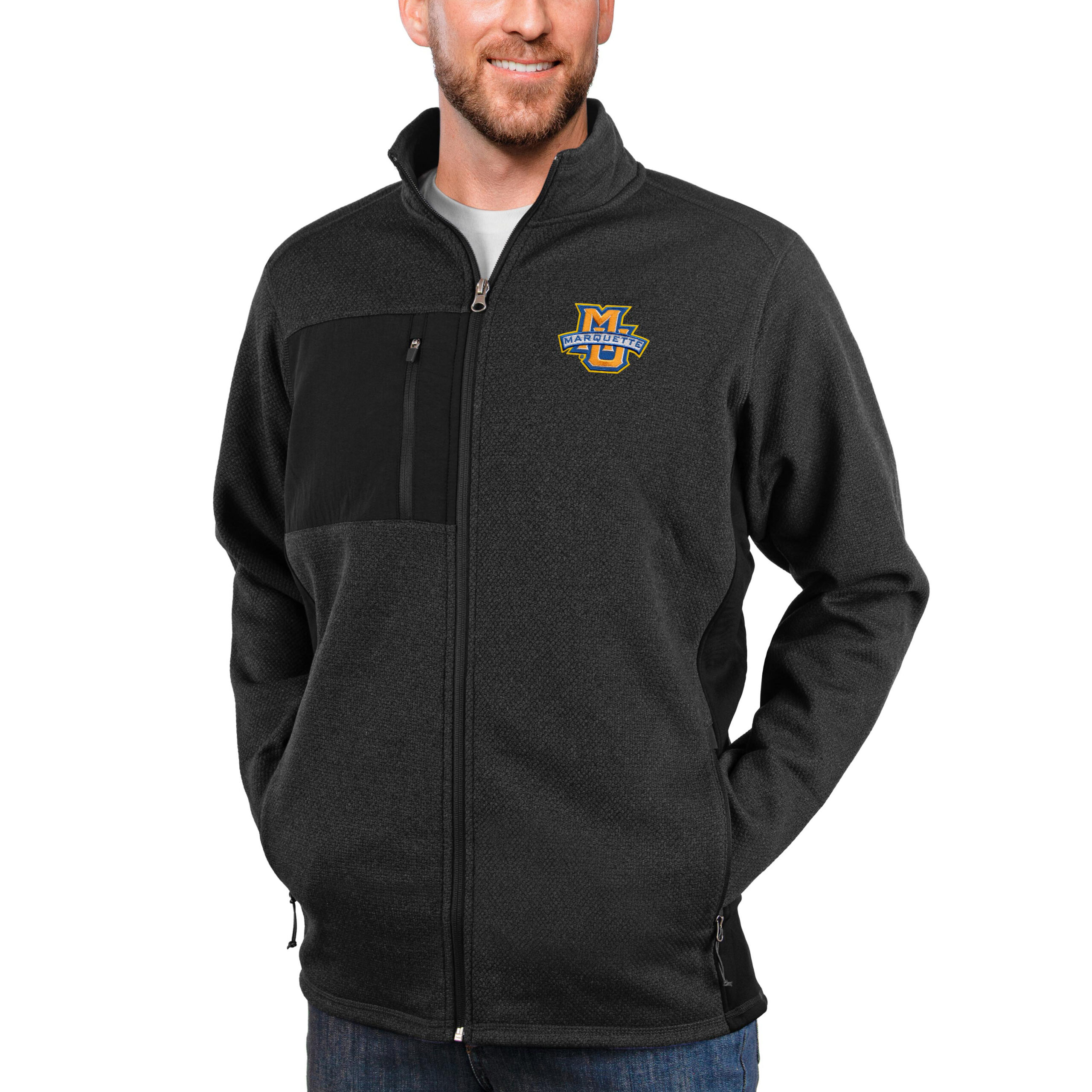 Men's Antigua Heather Black Marquette Golden Eagles Course Full-Zip Jacket
