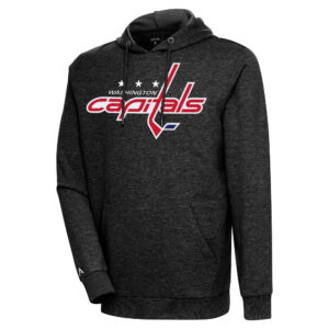Men's Antigua Heather Black Washington Capitals Logo Action Chenille Pullover Hoodie