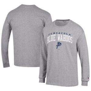 Men's Champion Gray Pensacola Blue Wahoos Jersey Long Sleeve T-Shirt