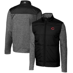 Men's Cutter & Buck  Black Cincinnati Reds Stealth Hybrid Quilted Full-Zip Windbreaker Jacket