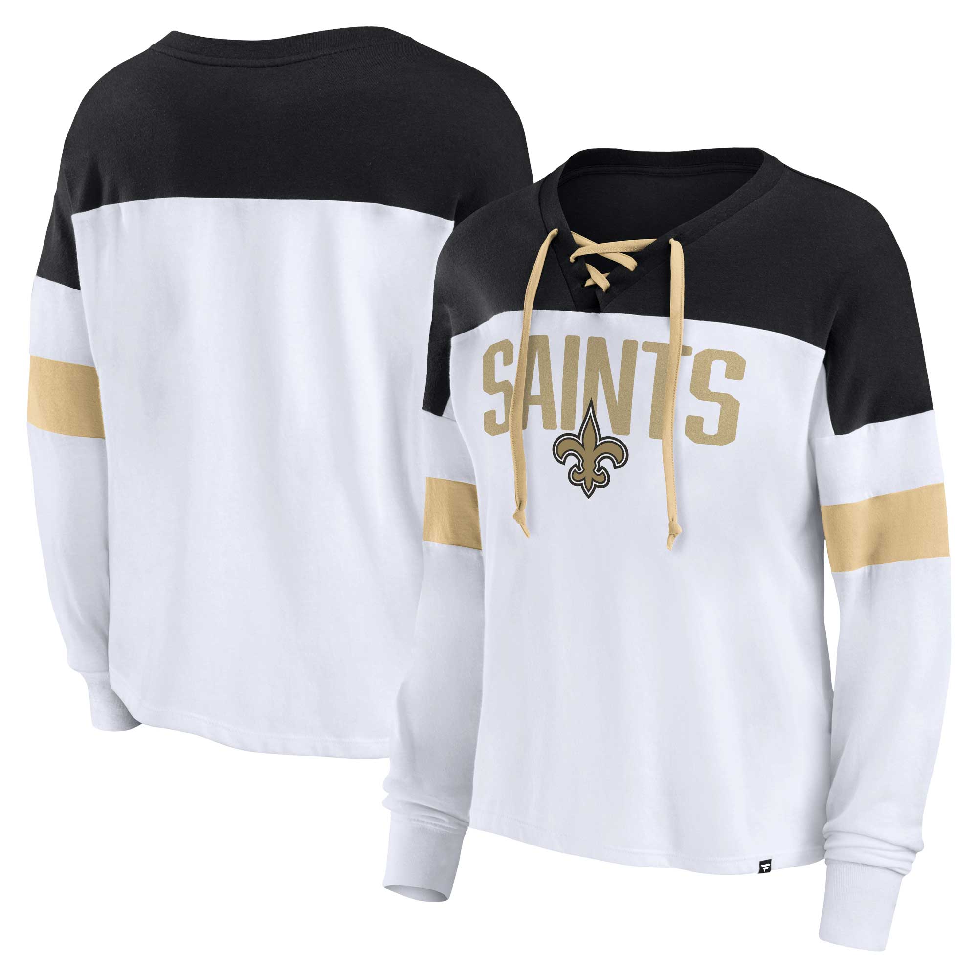 Women's Fanatics White/Black New Orleans Saints Plus Size Even Match Lace-Up Long Sleeve V-Neck Top