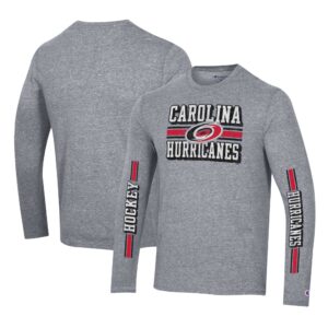 Men's Champion Heather Gray Carolina Hurricanes Tri-Blend Dual-Stripe Long Sleeve T-Shirt