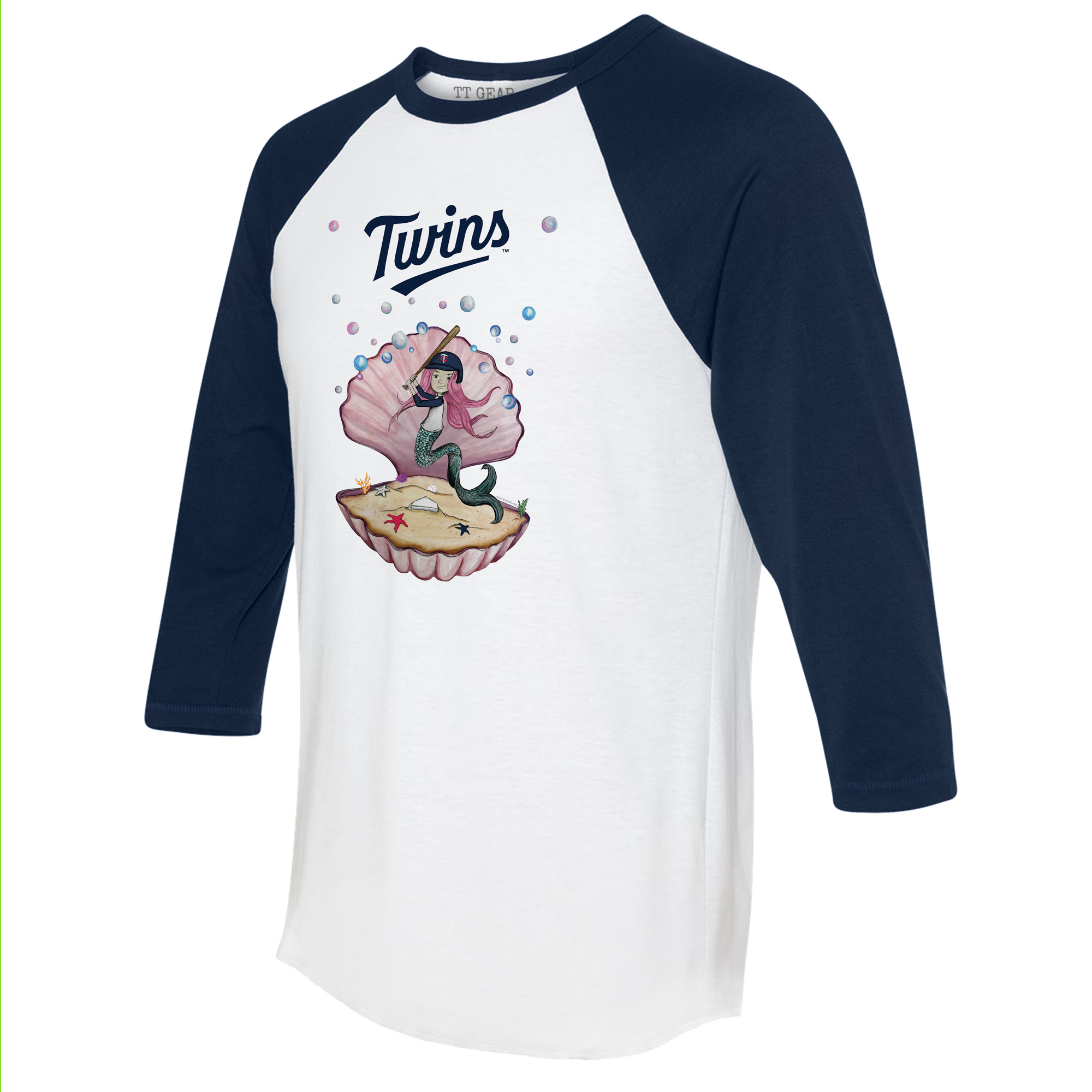 Unisex Tiny Turnip White/Navy Minnesota Twins Mermaid 3/4-Sleeve Raglan T-Shirt - Image 6