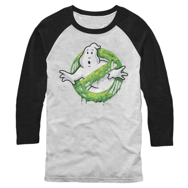 Men's Mad Engine White Ghostbusters Ghost Logo Green Slime Graphic Raglan T-Shirt