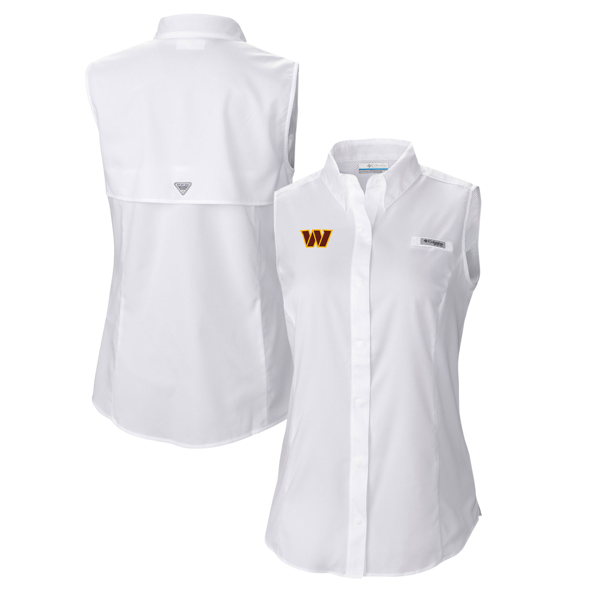 Women's Columbia White Washington Commanders PFG Tamiami Omni-Shade Sleeveless Button-Up Shirt