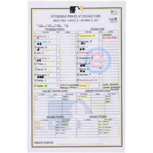 Pittsburgh Pirates Game-Used Lineup Card vs. Chicago Cubs on September 20, 2023