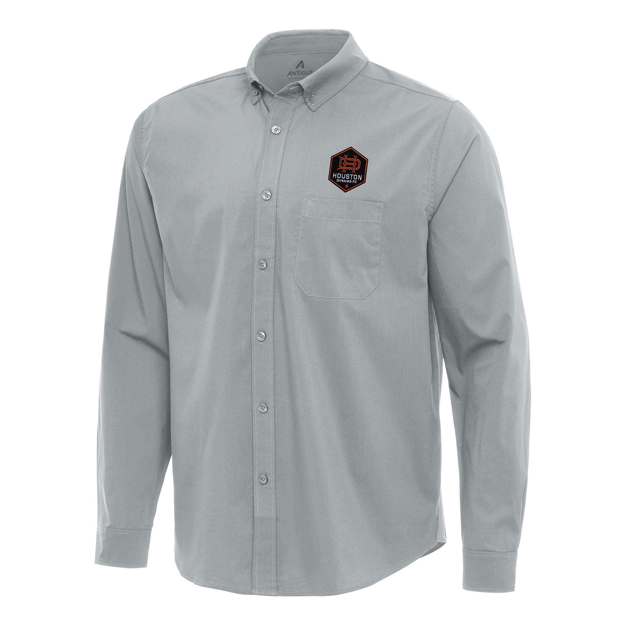 Men's Antigua Gray Houston Dynamo FC Flight Woven Tri-Blend Long Sleeve Button-Down Shirt