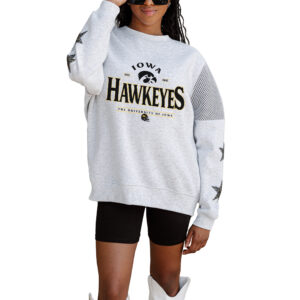 Women's Gameday Couture Ash Iowa Hawkeyes Rhinestone Star Mesh Shoulder Fleece Pullover Sweatshirt