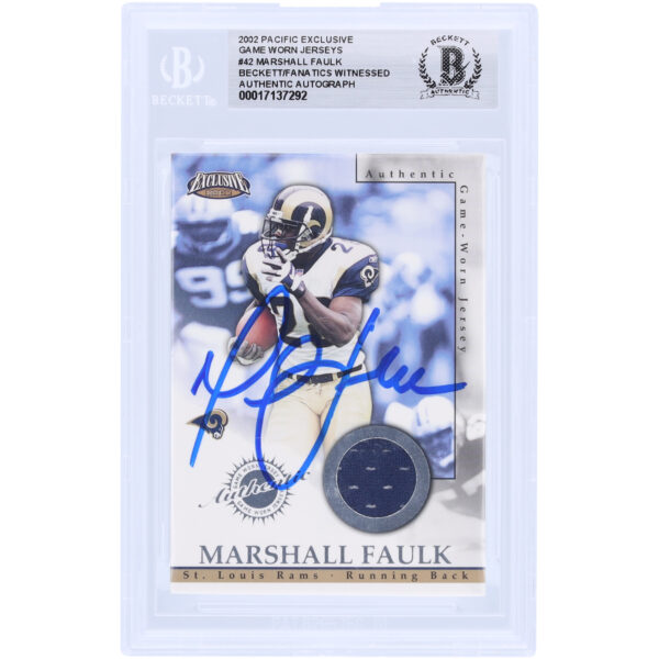 Marshall Faulk St. Louis Rams Autographed 2002 Pacific Exclusive Game Worn Relic #42 Beckett Fanatics Witnessed Authenticated Card