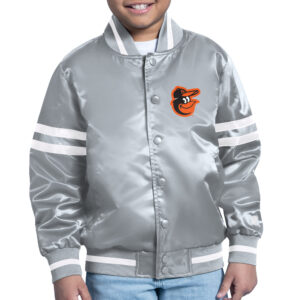 Youth Starter Gray Baltimore Orioles Printed Shield Team Logo Satin Varsity Full-Snap Jacket