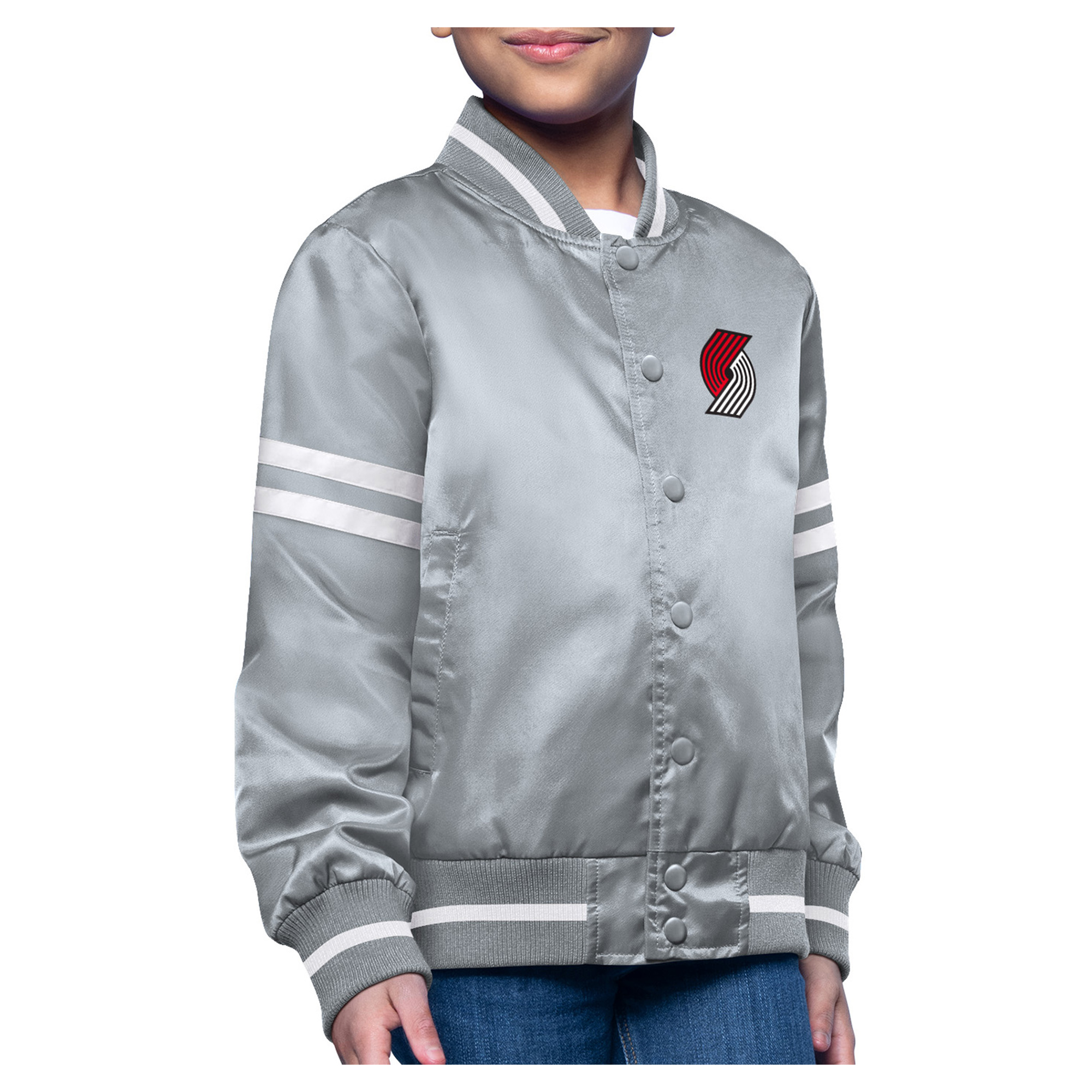 Youth Starter Gray Portland Trail Blazers Printed Logo Varsity Satin Full-Snap Jacket