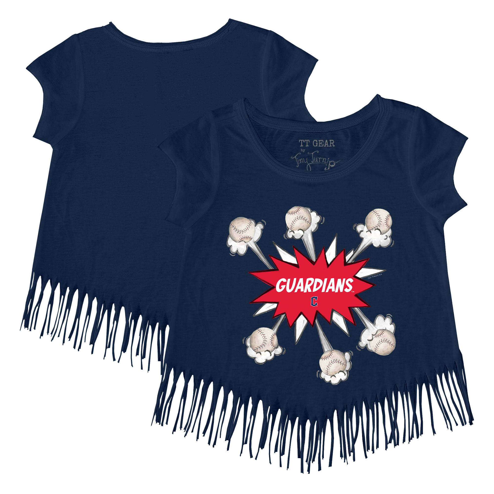Girls Youth Tiny Turnip Navy Cleveland Guardians Baseball Pow Fringe T-Shirt