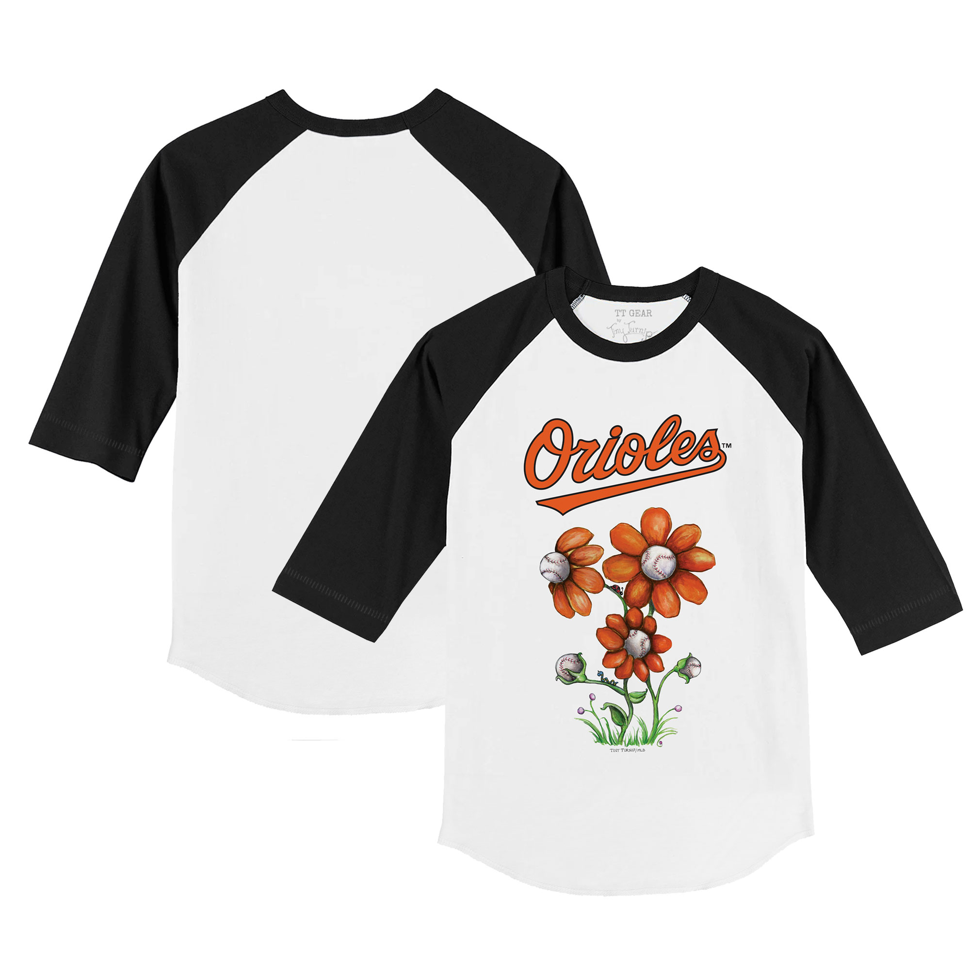 Youth Tiny Turnip White/Black Baltimore Orioles Blooming Baseballs 3/4-Sleeve Raglan T-Shirt