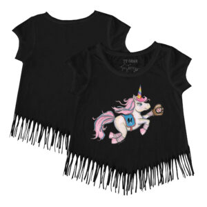 Girls Youth Tiny Turnip Black Miami Marlins Unicorn Fringe T-Shirt