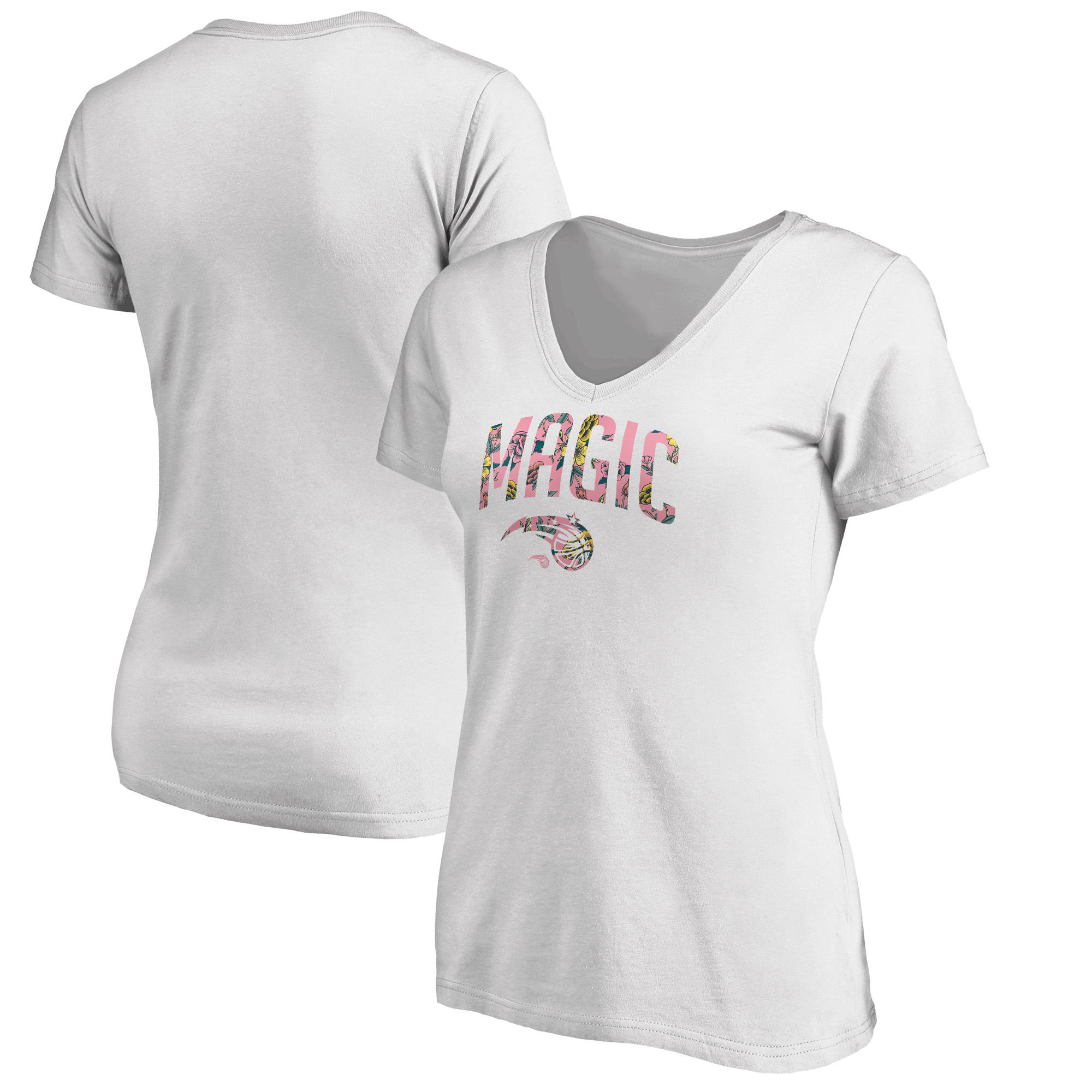 Women's White Orlando Magic Floral Arch V-Neck T-Shirt