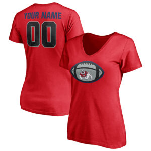 Women's Red Fresno State Bulldogs Game Ball Football Personalized Name & Number V-Neck T-Shirt