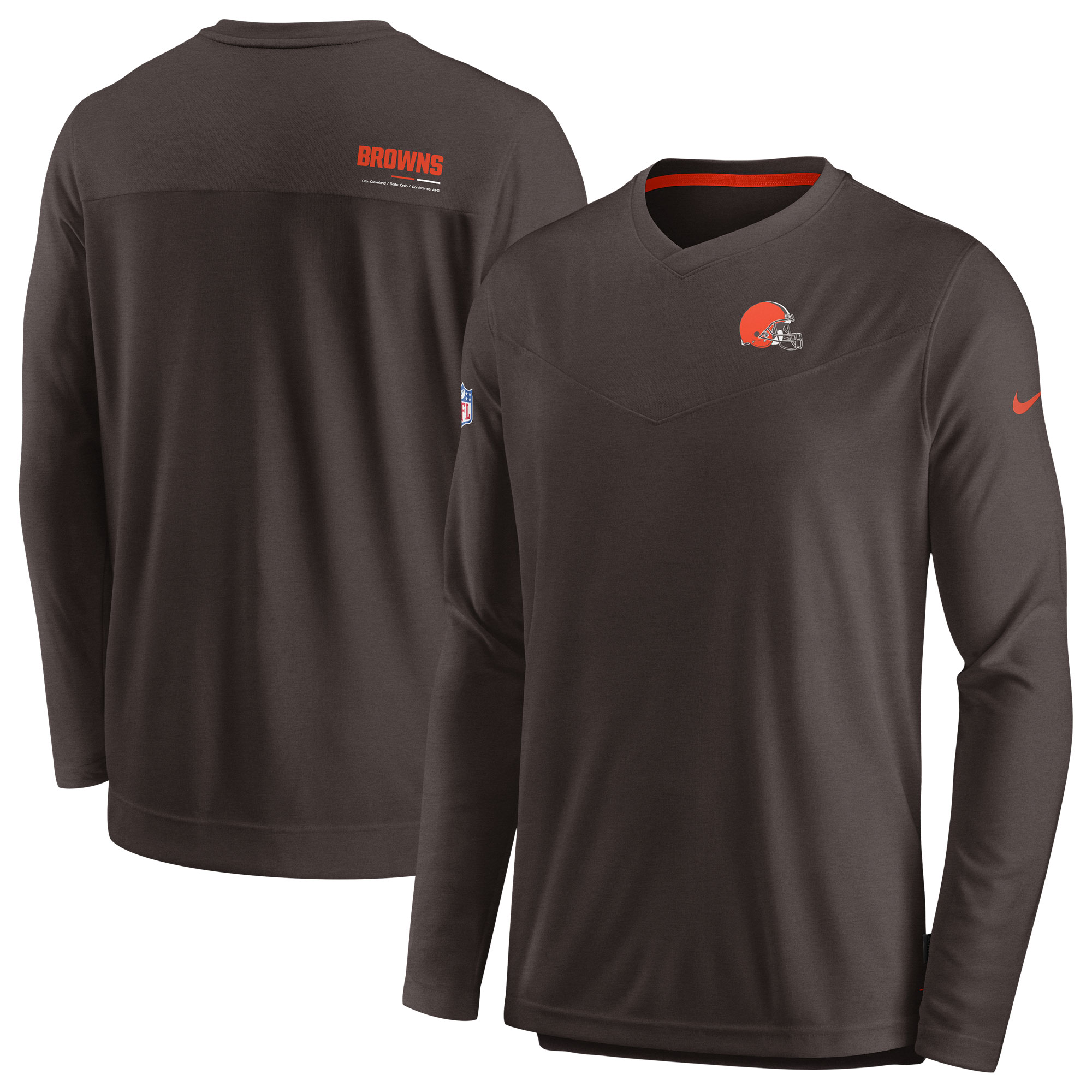 Men's Nike Brown Cleveland Browns Sideline Coach Chevron Lock Up Long Sleeve V-Neck Performance T-Shirt - Image 2