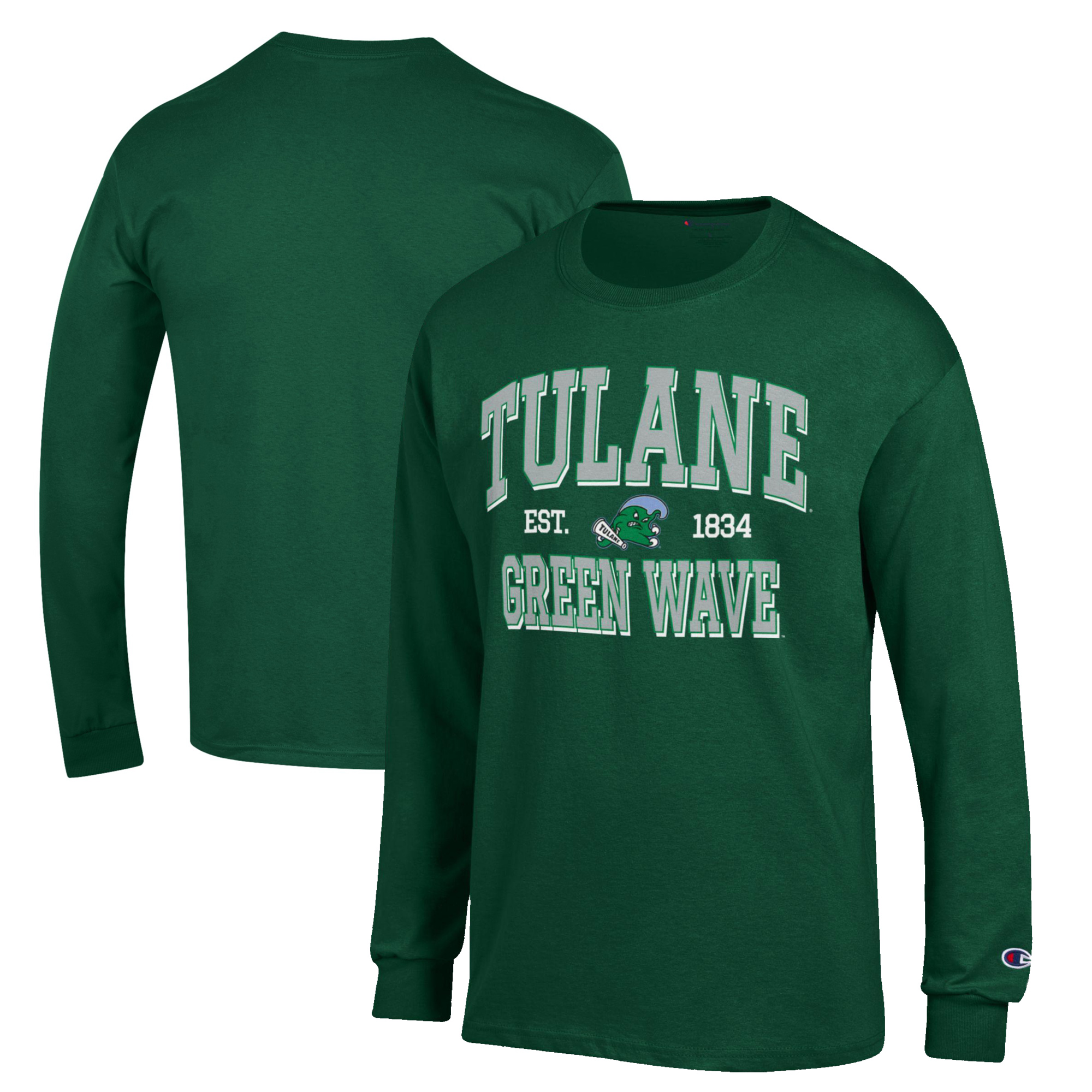 Men's Champion Green Tulane Green Wave Jersey Est. Date Long Sleeve T-Shirt
